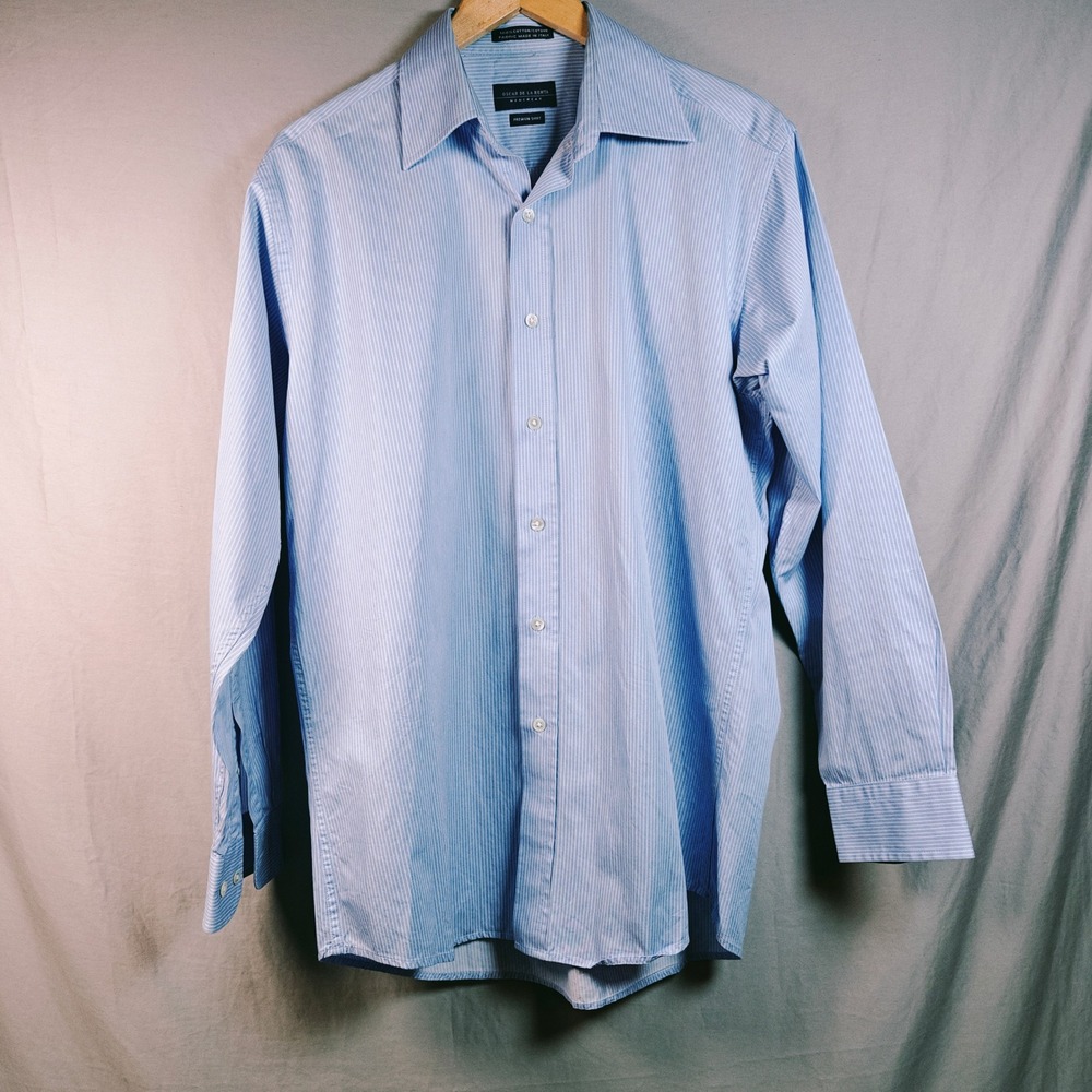Oscar de la‎ Renta Mens Premium Shirt Blue Pinstripe Cotton Made in Italy Large